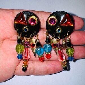 MAM VINTAGE 80’s CLIP EARRINGS DANGLE WITH JEWELS COLORFUL ONE OF A KIND RARE